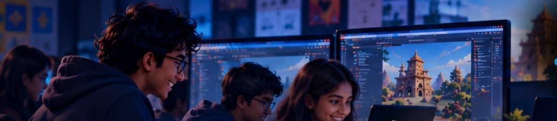 Students creating an original game together in the studio